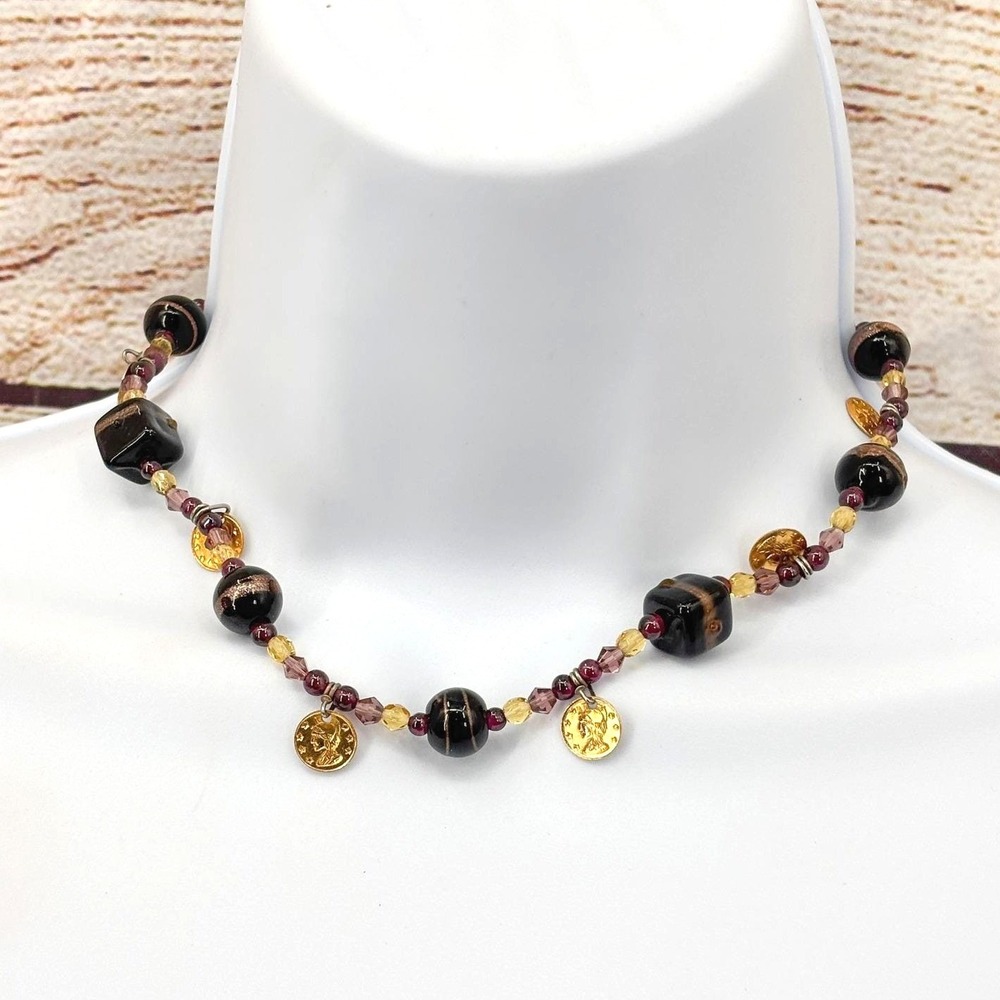 Vintage Style Beaded Choker Necklace Black Lampwork Glass Gold Coin Charms 14"